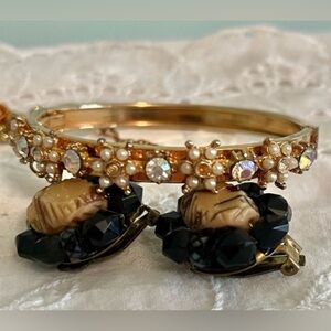 Gold Pearl and Crystal Hinged Bangle Bracelet and wooden clip-ons